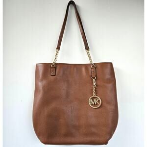 Michael Kors NEW Jet Set Pebbled Leather Mocha Brown Tan Tote Bag Gold Chain NWT